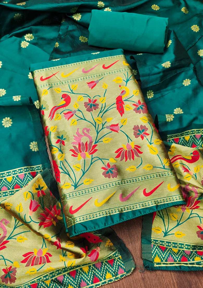 Sea Green Jacquard Silk Straight Kurta Set - Indya