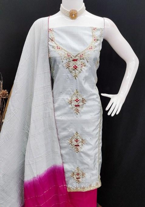 Grey Embroidered Silk Dress Material