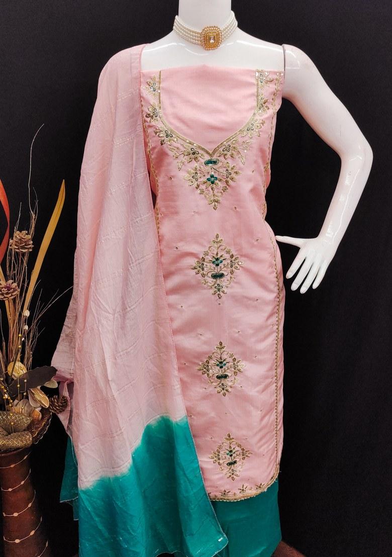 Peach Embroidered Silk Dress Material