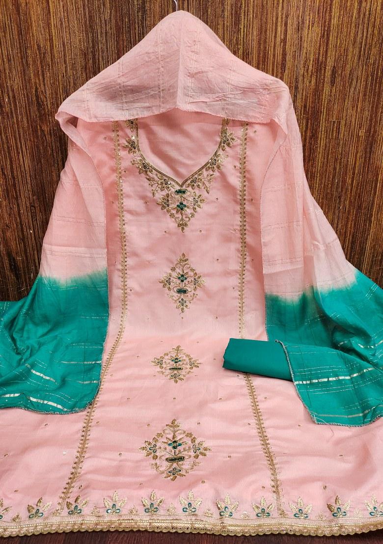 Peach Embroidered Silk Dress Material