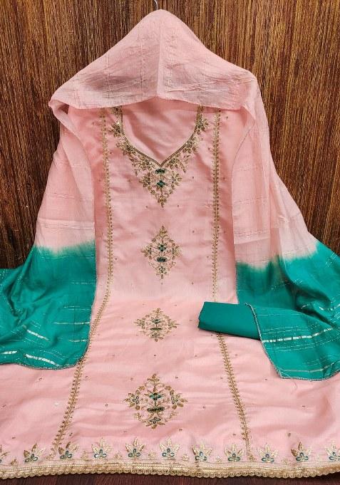 Peach Embroidered Silk Dress Material