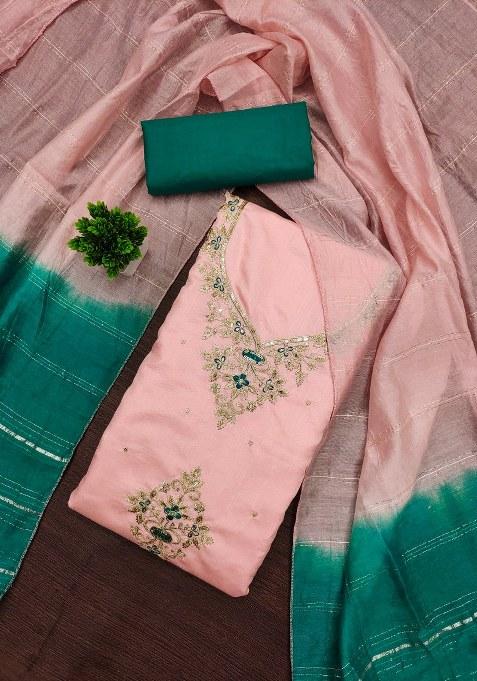 Peach Embroidered Silk Dress Material