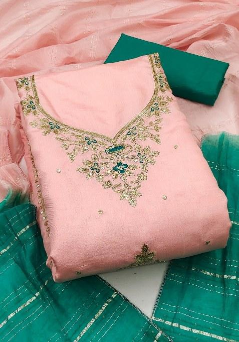Peach Embroidered Silk Dress Material