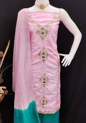 Pink Embroidered Silk Dress Material