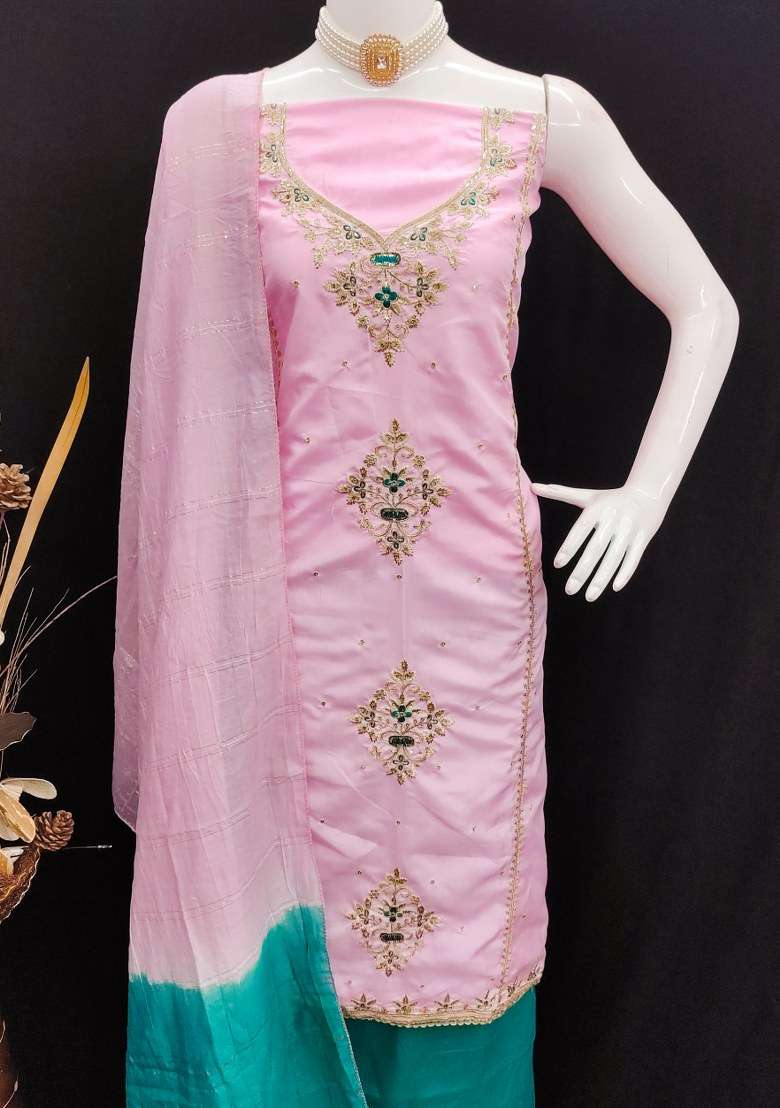 Pink Embroidered Silk Pakistani Suit Set - Indya
