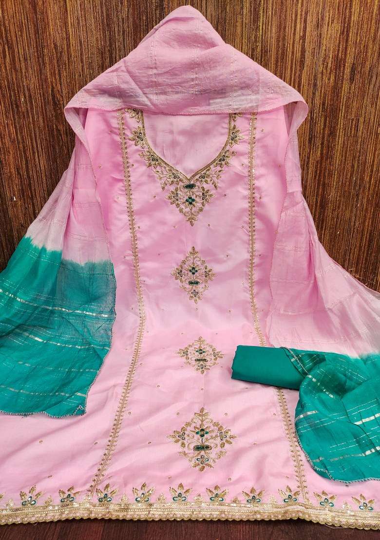 Pink Embroidered Silk Pakistani Suit Set - Indya