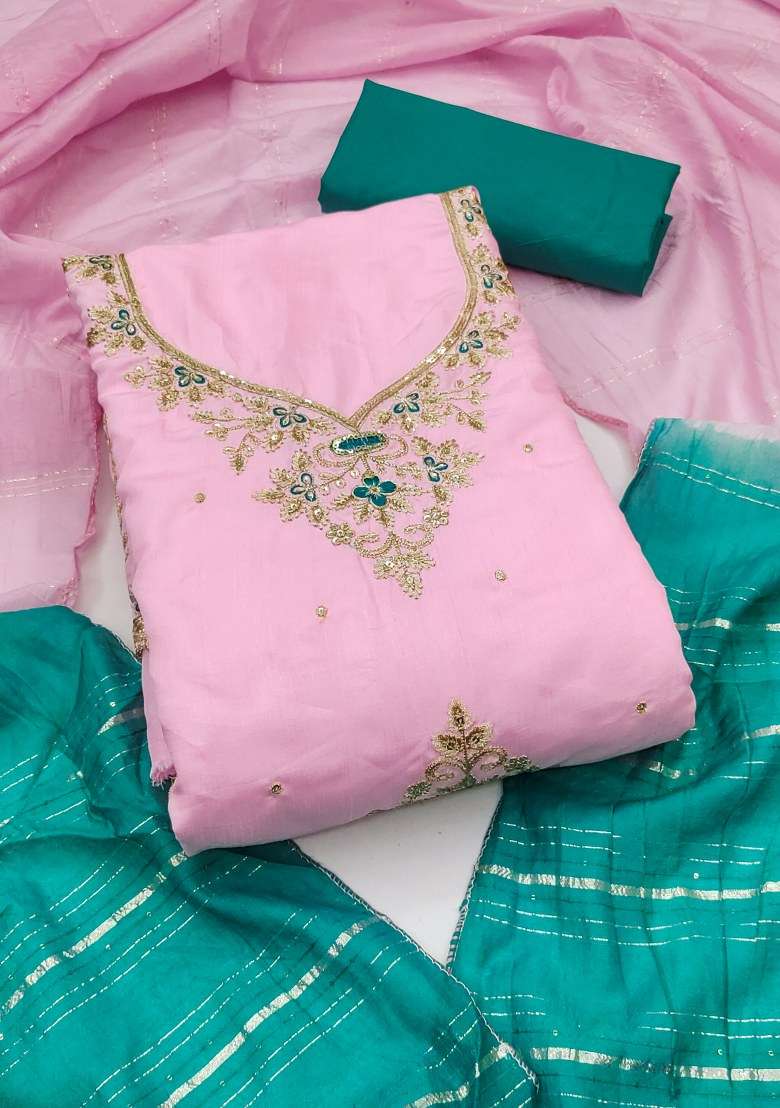 Pink Embroidered Silk Pakistani Suit Set - Indya
