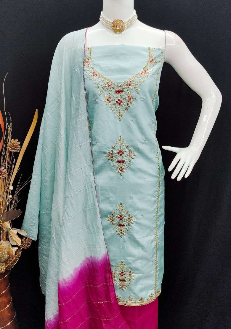 Sky Blue Embroidered Silk Straight Kurta Set - Indya
