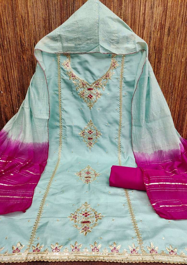 Sky Blue Embroidered Silk Straight Kurta Set - Indya