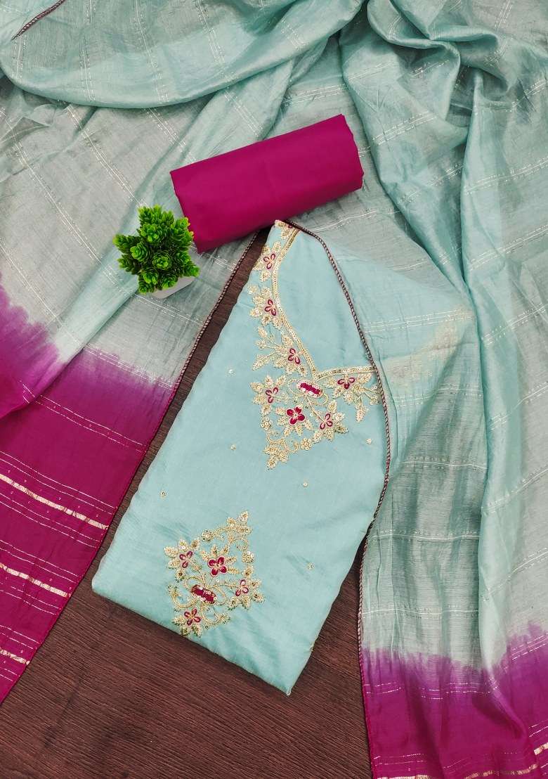 Sky Blue Embroidered Silk Straight Kurta Set - Indya