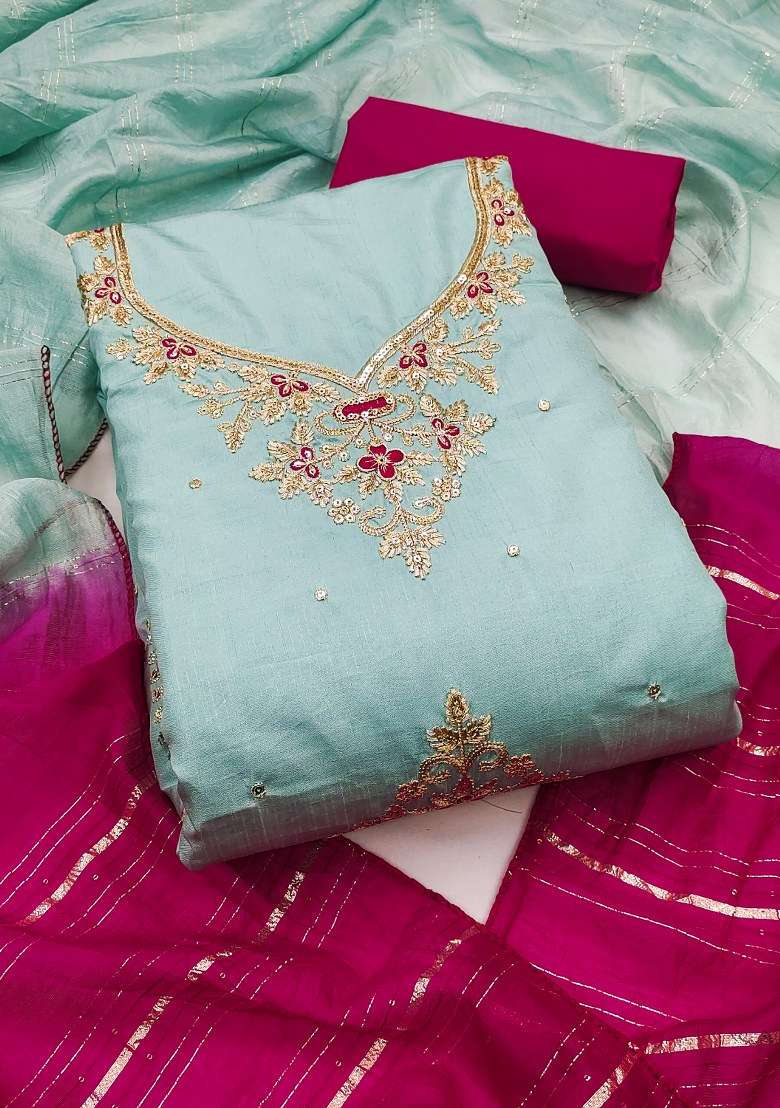 Sky Blue Embroidered Silk Straight Kurta Set - Indya