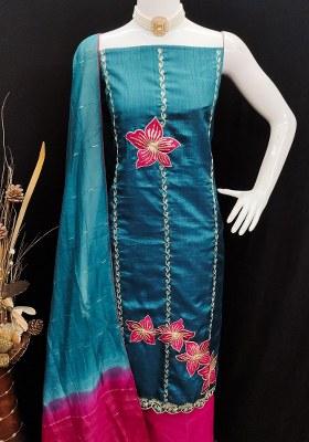 Blue Embroidered Silk Dress Material