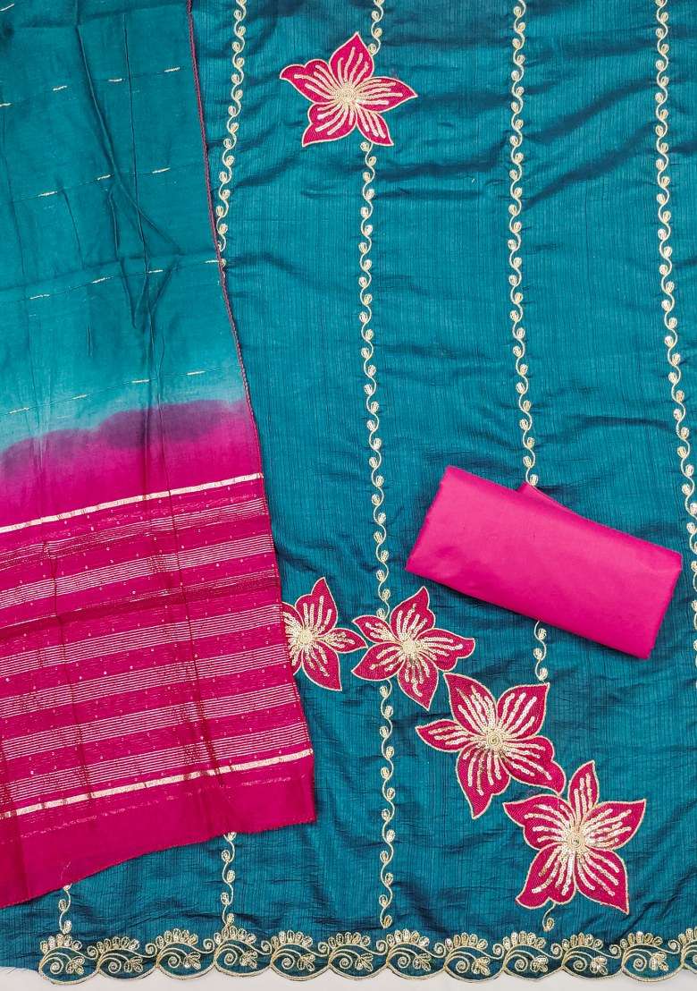 Blue Embroidered Silk Blend Straight Kurta Set - Indya