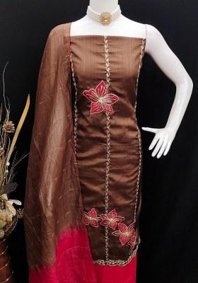 Brown Embroidered Silk Dress Material