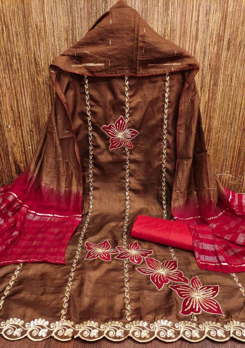 Brown Embroidered Silk Blend Dress Material - Indya