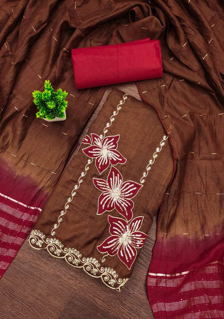 Brown Embroidered Silk Blend Dress Material - Indya