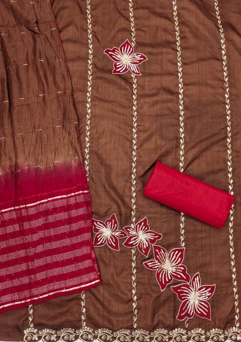 Brown Embroidered Silk Blend Dress Material - Indya