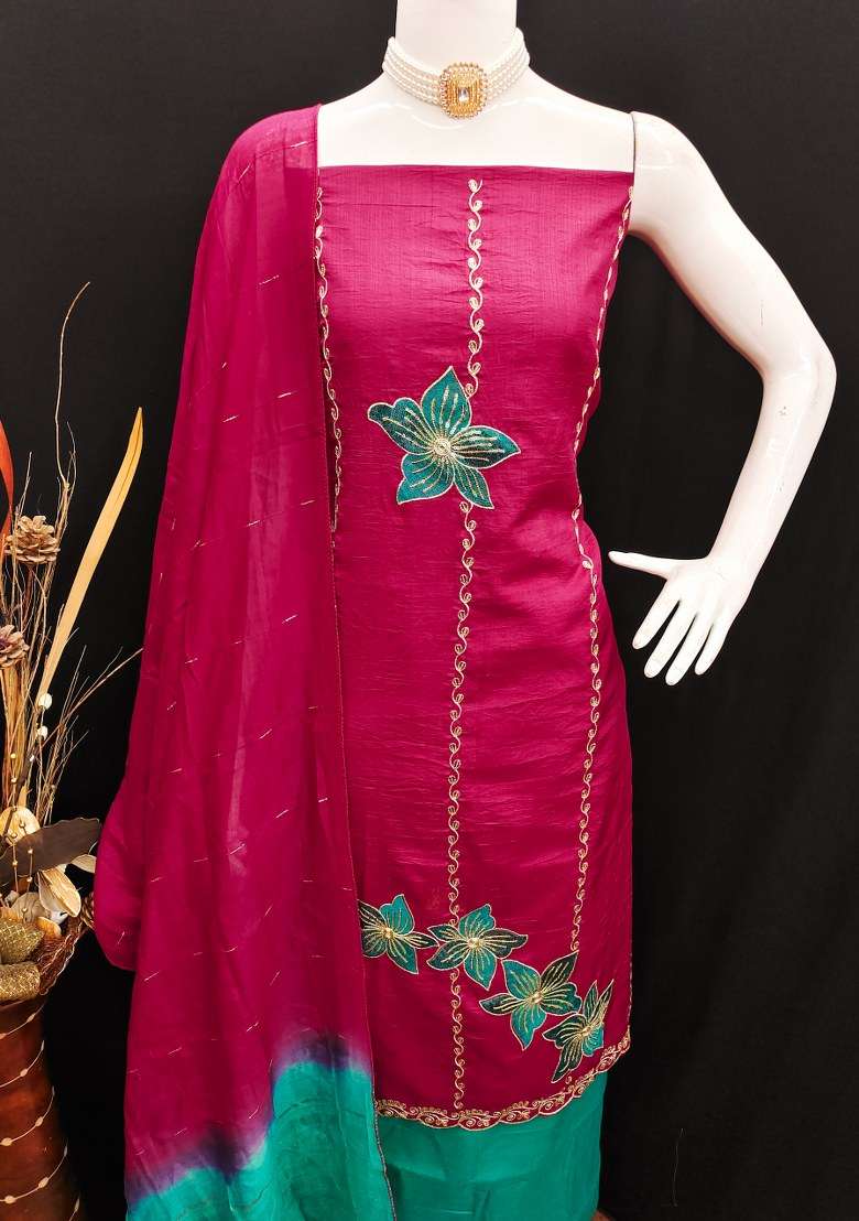 Pink Embroidered Silk Blend Straight Kurta Set - Indya