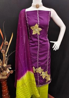 Purple Embroidered Silk Dress Material