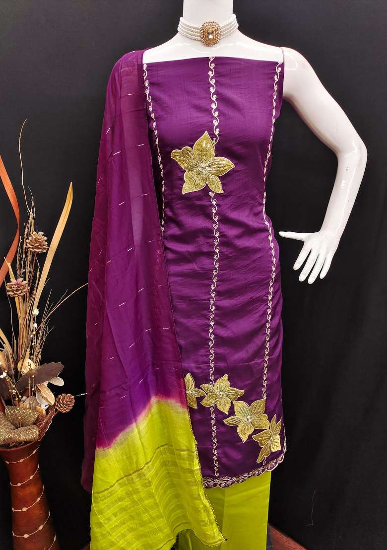 Purple Embroidered Silk Blend Pakistani Suit Set - Indya