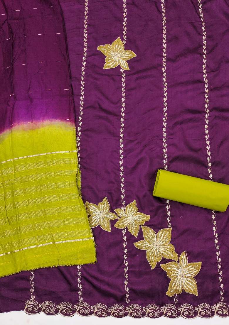 Purple Embroidered Silk Blend Pakistani Suit Set - Indya