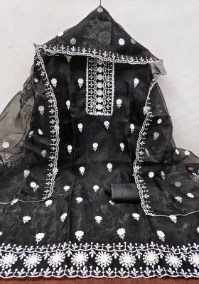 Black Embroidered Oragnza Dress Material