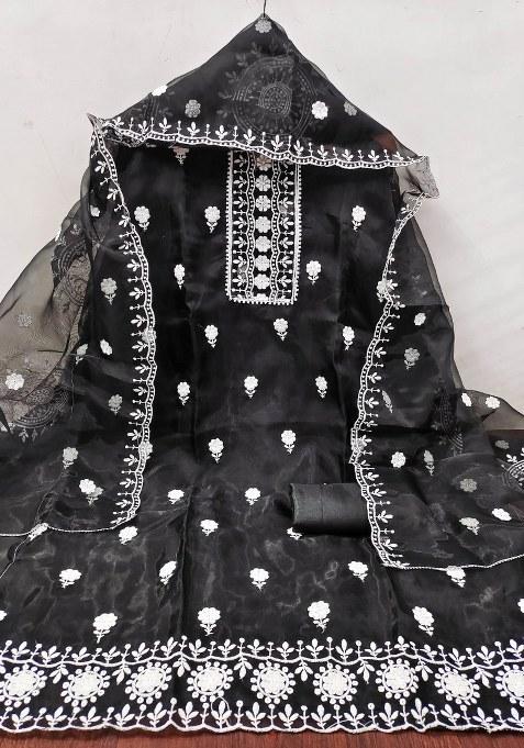 Black Embroidered Oragnza Dress Material