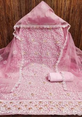 Baby Pink Embroidered Silk Dress Material