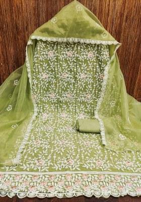 Light Green Embroidered Silk Dress Material