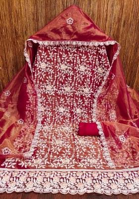 Maroon Embroidered Silk Dress Material