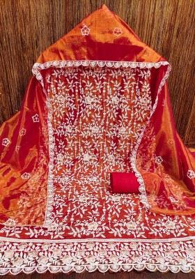 Red Embroidered Silk Dress Material