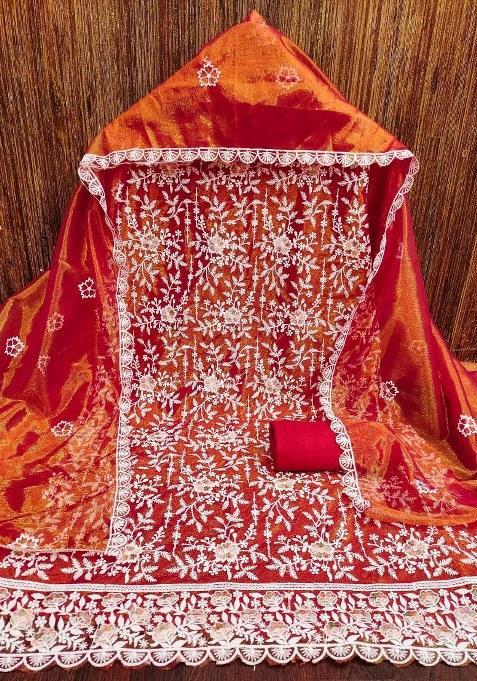 Red Embroidered Silk Dress Material