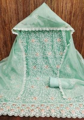 Sea Green Embroidered Silk Dress Material