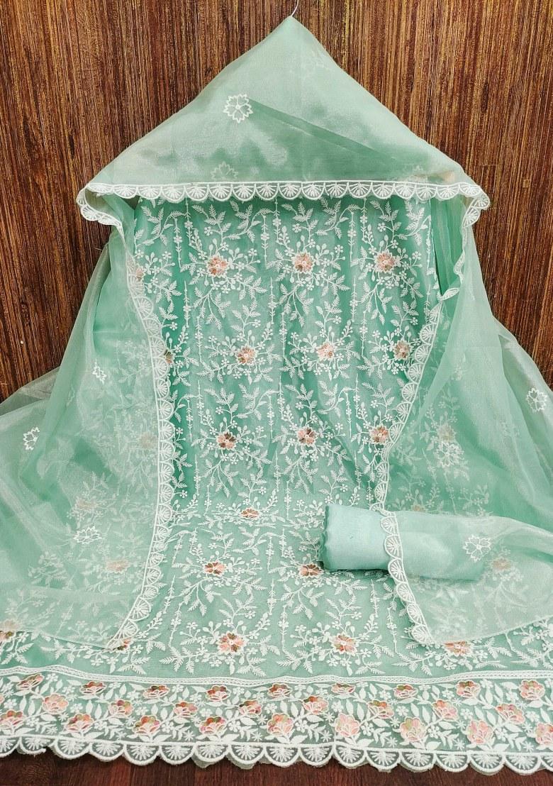 Sea Green Embroidered Silk Dress Material