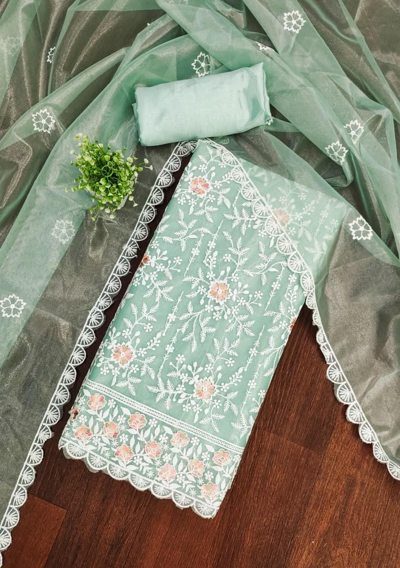 Sea Green Embroidered Silk Dress Material