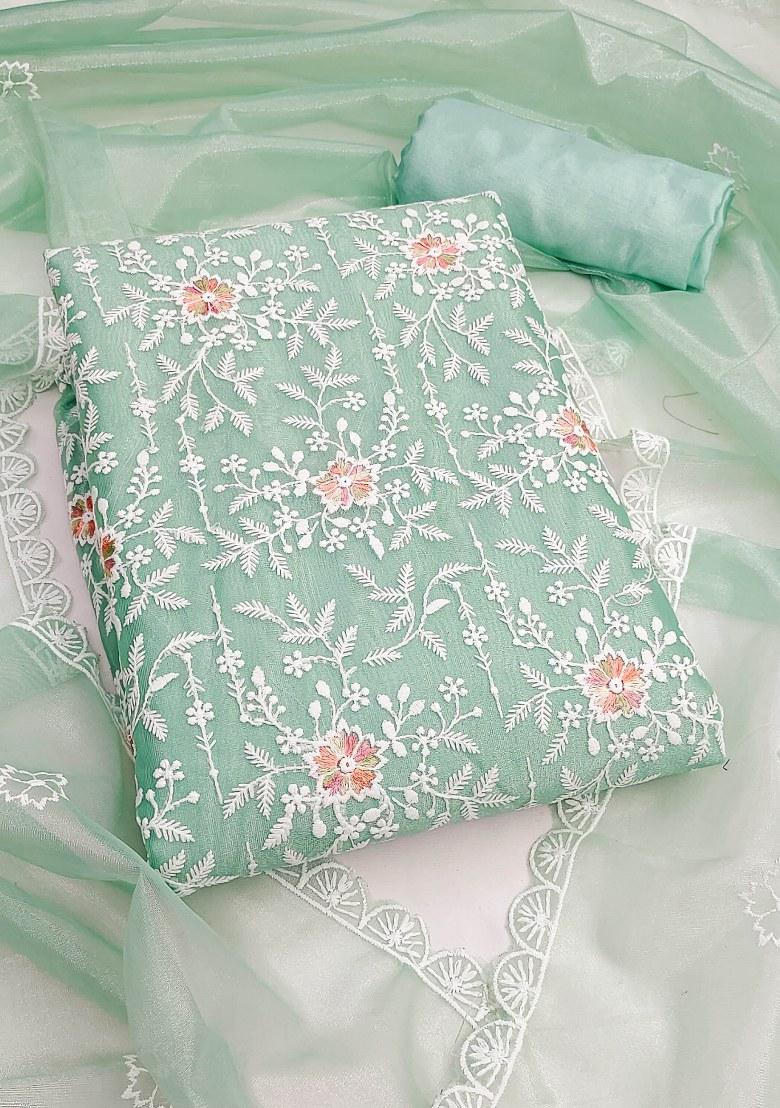 Sea Green Embroidered Silk Dress Material