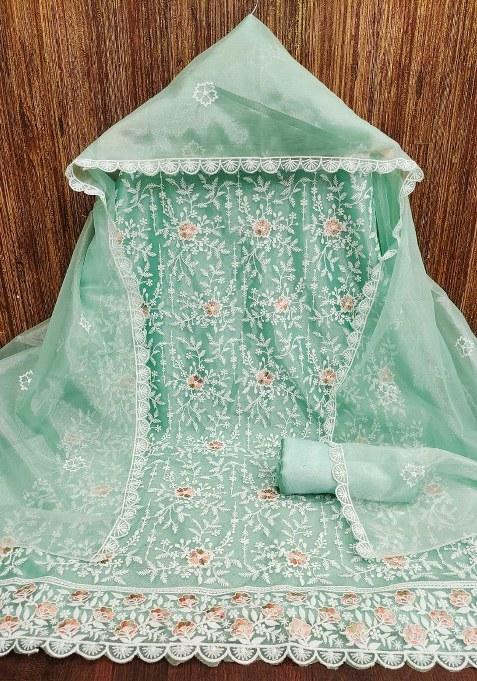 Sea Green Embroidered Silk Dress Material