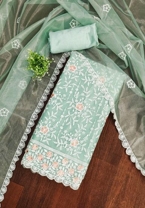 Sea Green Embroidered Silk Dress Material