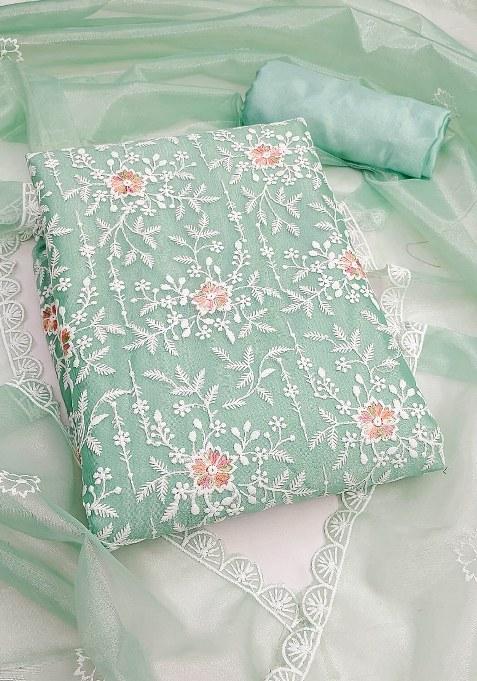 Sea Green Embroidered Silk Dress Material