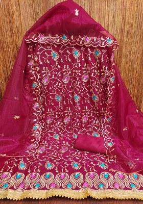 Magenta Embroidered Silk Dress Material