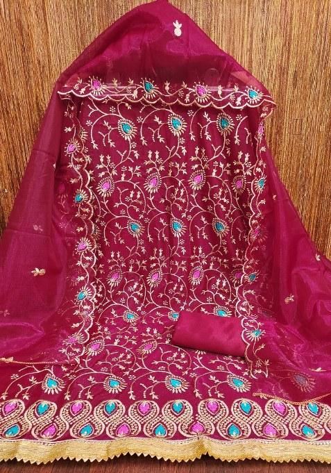 Magenta Embroidered Silk Straight Kurta Set
