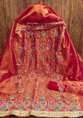 Red Embroidered Silk Dress Material