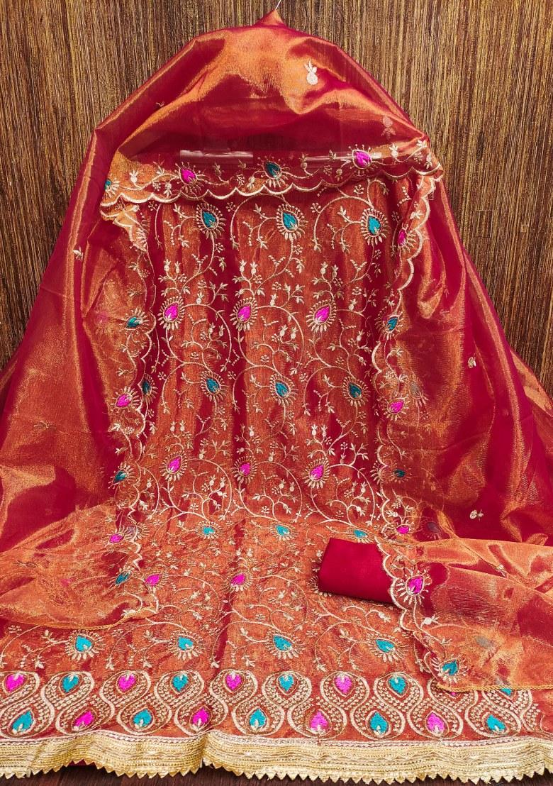 Red Embroidered Silk Dress Material