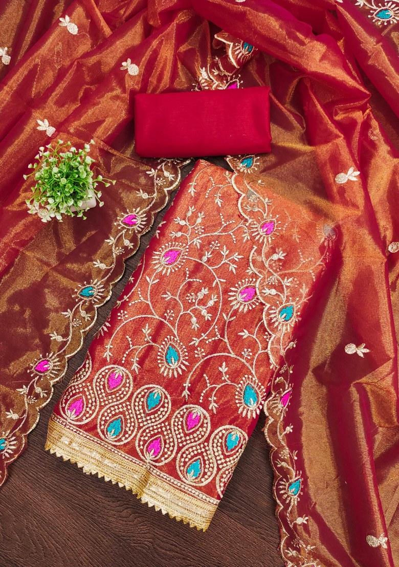 Red Embroidered Silk Dress Material