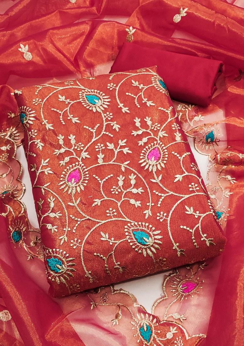 Red Embroidered Silk Dress Material