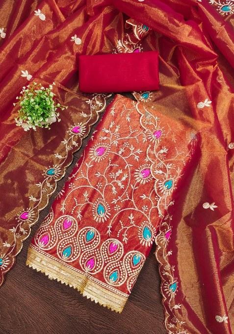 Red Embroidered Silk Dress Material