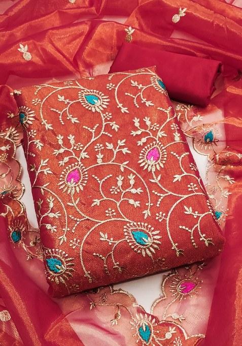 Red Embroidered Silk Dress Material