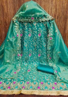 Sea Green Embroidered Silk Dress Material