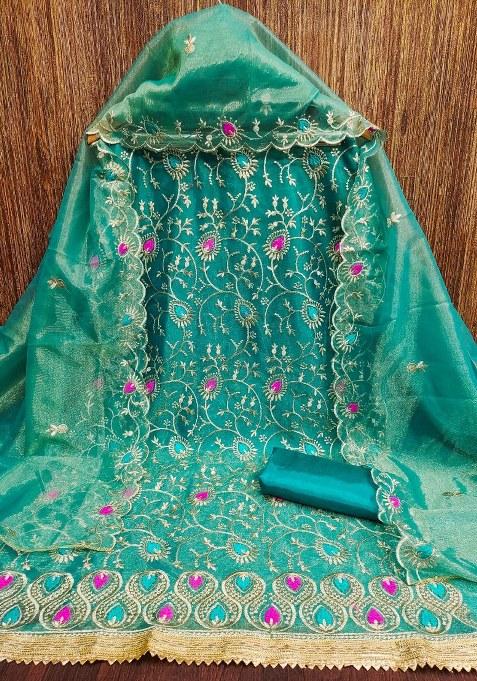 Sea Green Embroidered Silk Punjabi Suit
