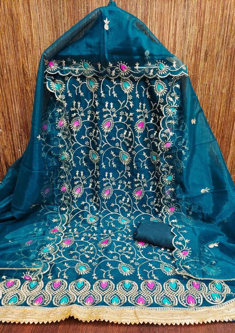 Teal Blue Embroidered Silk Blend Straight Kurta Set - Indya